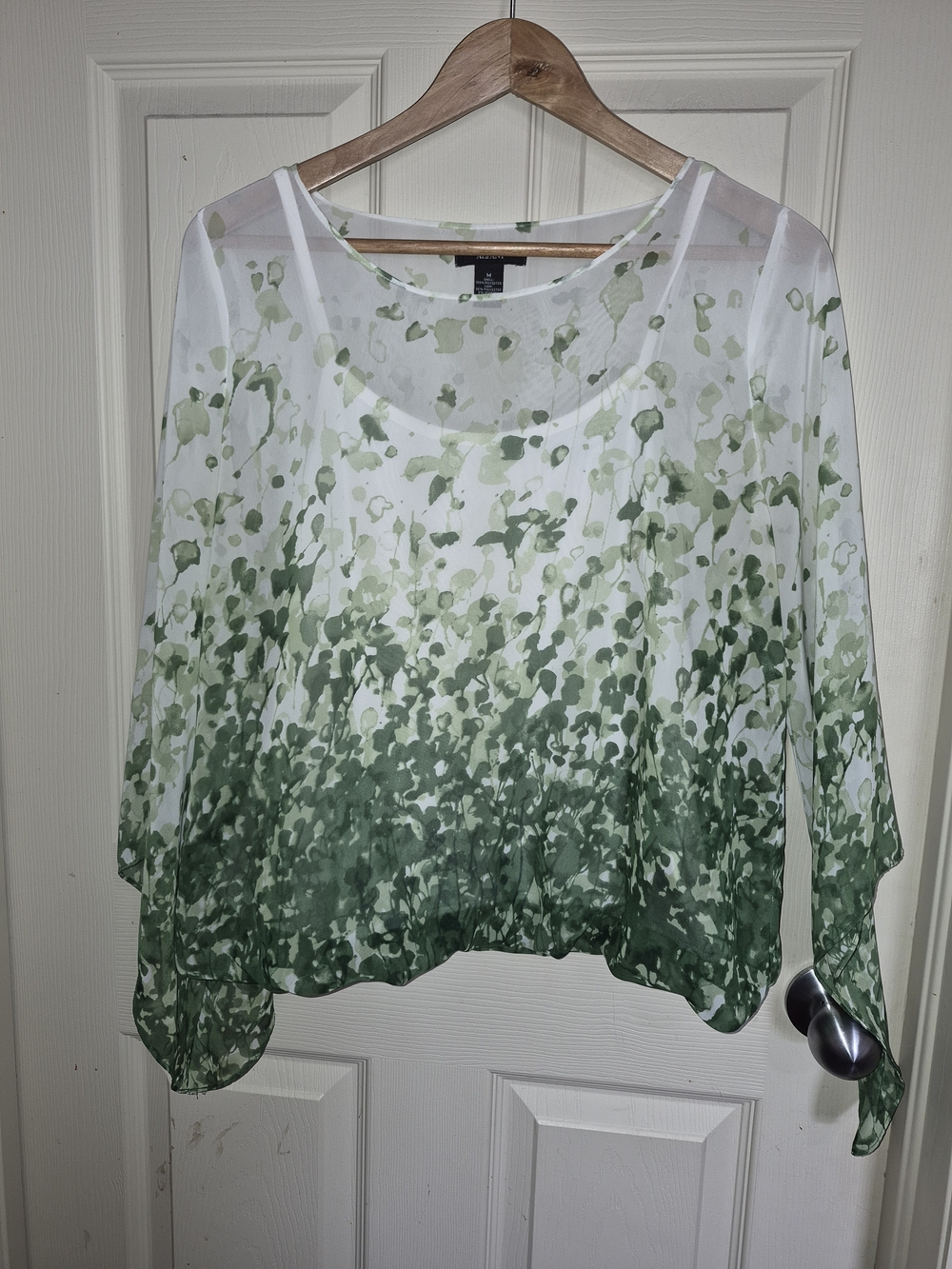 Size M Alfani White Sheer Blouse with Green Watercolor Print